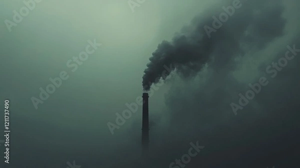 Fototapeta Dark Industrial Landscape with Heavy Smoke Emitting from Chimney in Ominous Fog, Illustrating Environmental Pollution and Climate Change Concerns