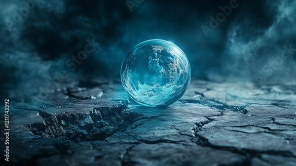 Fototapeta A mystical orb on a cracked stone surface, surrounded by a faint aura of swirling light and a dark, moody background.