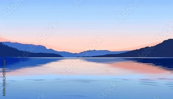 Fototapeta A peaceful, picturesque scene of a calm lake reflecting the sky at dusk. The silhouettes of distant mountains are visible in the distance.