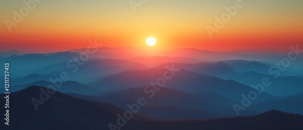 Fototapeta Sun Setting Over Misty Mountains.
