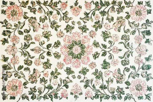 Fototapeta Traditional Indian floral pattern showcasing intricate design in vibrant colors on textile fabric from a historical textile center