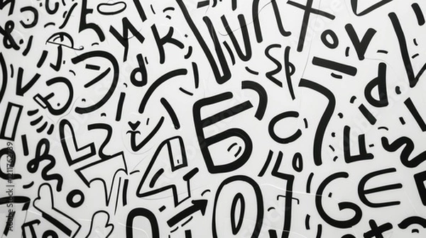 Fototapeta A vibrant pattern of abstract shapes, letters, and numbers on a white background.