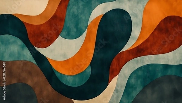 Fototapeta Abstract Layered Paper Design | Teal, Beige & Orange Background | Flowing Shapes