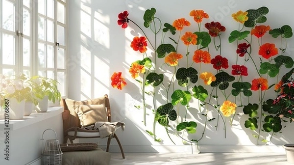 Fototapeta Elegant 3D artwork of nasturtiums on a wall, with a bright sunroom mockup on the side.