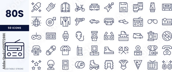 Obraz A vibrant collection of 80s icons featuring a mix of entertainment, fashion, and technology symbols in a retro style. Perfect for nostalgia lovers.