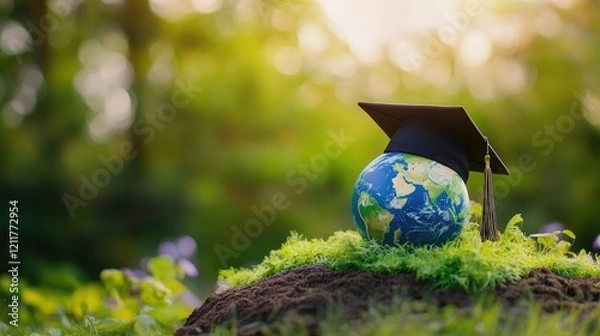 Fototapeta Graduation cap with Earth globe. Concept of global business study