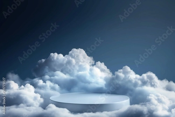 Fototapeta 3d podium in the clouds on dark blue background, space for product presentation, vector illustration design template with round platform pedestal. Clouds around.