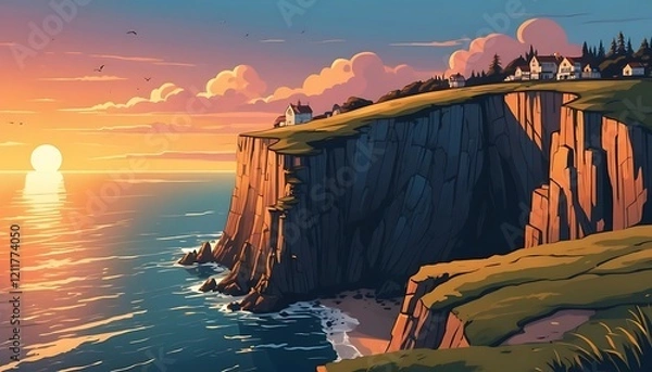 Fototapeta Coastal Cliffside Houses Sunset Ocean View