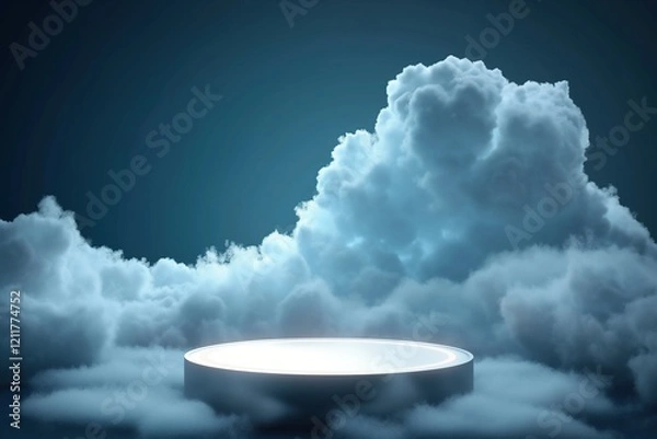 Fototapeta futuristic podium in the clouds on dark blue background, space for product presentation, vector illustration design template with round platform pedestal. Clouds around.