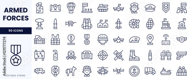 Obraz A collection of 50 icons representing various aspects of armed forces, including military equipment, personnel, and symbols in a sleek, minimalist style.