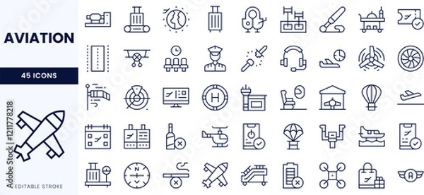 Obraz A collection of 45 aviation-themed line icons showcasing various elements of air travel, including aircraft, control towers, and equipment.