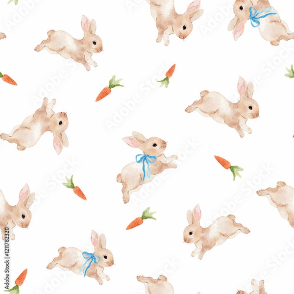 Obraz Baby rabbit pattern in beige adorned with carrots and ribbon bows. This cute spring and Easter bunny surface design features adorable watercolor hand-drawn rabbits.