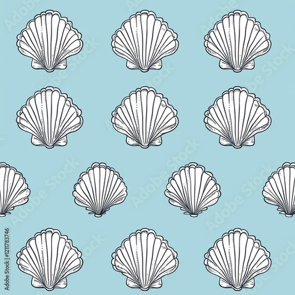 Fototapeta Underwater seamless pattern with seashells line art illustrations in white color on blue background. Scallop sketch, seashell line drawing. Summer ocean beach print for background,