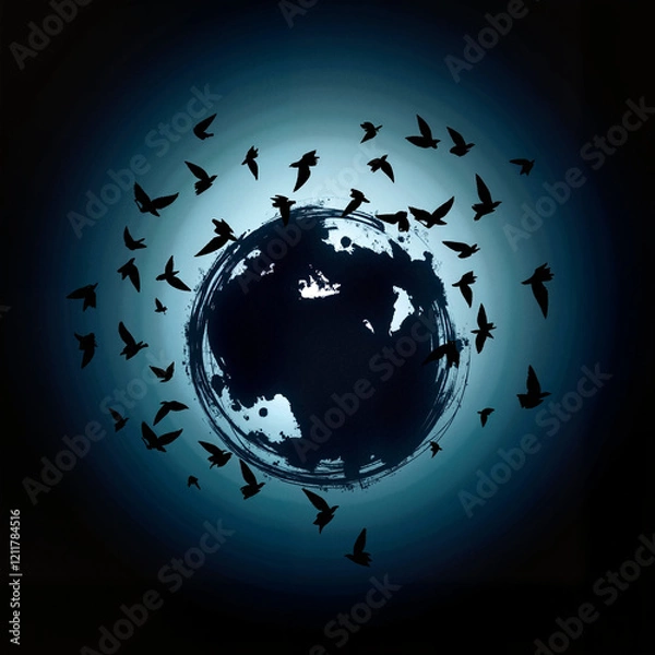 Fototapeta Earth silhouette transforming into flying birds with glowing edges on dark blue background