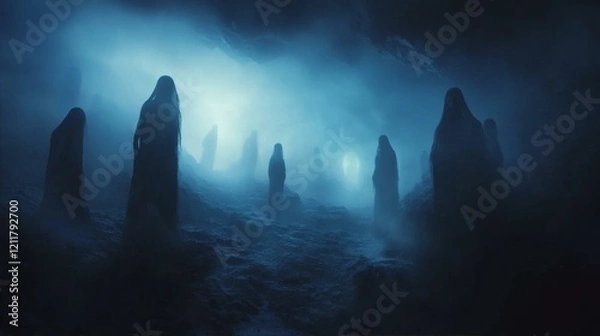 Fototapeta Eerie Figures in Foggy Gloom Mysterious Spectral Presence on the Dark and Misty Surface