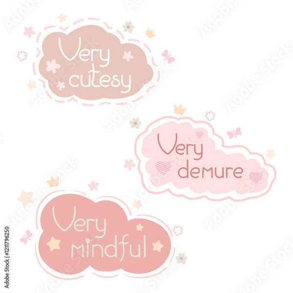 Fototapeta Set of pastel themed typography illustrations with delicate phrases Very Cutesy, Very Demure, and Very Mindful. Pastel colorful half speech bubbles. The design exudes charm and elegance, perfect for