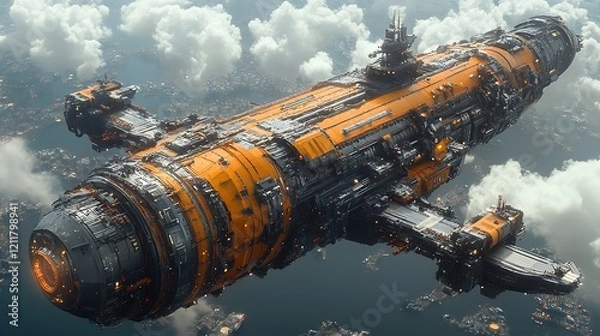 Fototapeta Futuristic Spaceship Soaring Above Cloudy Terrain