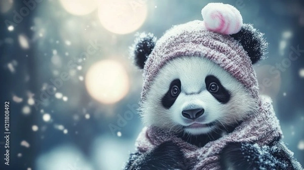 Fototapeta A cute panda wearing a cozy hat and scarf in a snowy environment.