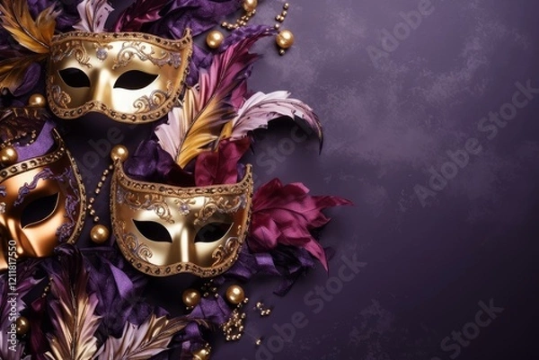 Fototapeta Elegant venetian masks, feathers, and beads arranged on a rich purple backdrop, evoking the spirit of mardi gras