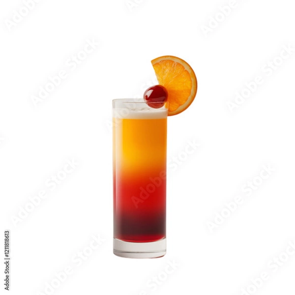 Fototapeta Refreshing layered cocktail with orange slice and cherry garnish. Perfect for summer!