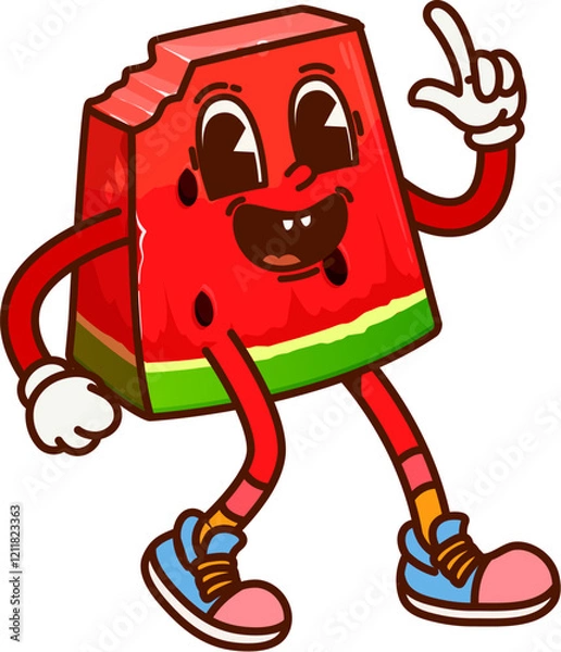 Obraz Groovy cartoon watermelon slice funny character. Summer fruit happy 60s 70s groovy vector character, delicious watermelon piece cheerful personage or fresh and juicy dessert cute mascot
