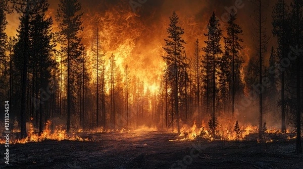 Fototapeta A dramatic image of a forest fire raging through trees, capturing the intensity and destruction of wildfire