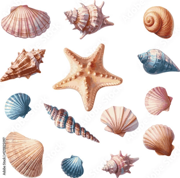 Fototapeta Collection of beautiful watercolor painted sea shells and starfish isolated on white background