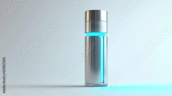 Fototapeta A futuristic perfume bottle with a metallic silver finish, glowing blue accents, and a sleek, cylindrical design, set against a white background.