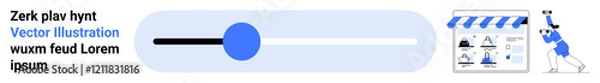 Obraz User interacting with a settings slider, across from web interface with shopping icons and analyzing data. Ideal for user interface design, e-commerce, shopping, app settings, customization, online