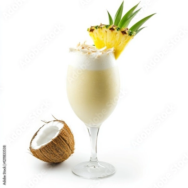 Fototapeta A tropical Pi甯絘 Colada with coconut flakes and pineapple wedge, displayed on an isolated white background, hyper-realism art style