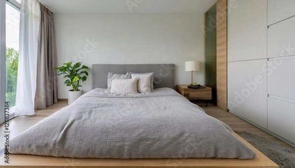 Fototapeta Minimalist bedroom with a single bed, wooden nightstand, modern lamp, and large window with greenery outside