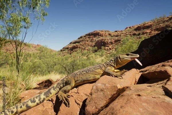 Fototapeta A goanna basking on sun-warmed rocks in the Australian bush, its tongue flicking out in search of scents