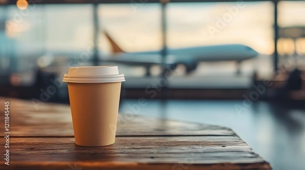 Fototapeta Early morning coffee moment captured at bustling international airport terminal where cup rests on rustic wooden counter as airplane wing gleams through panoramic window