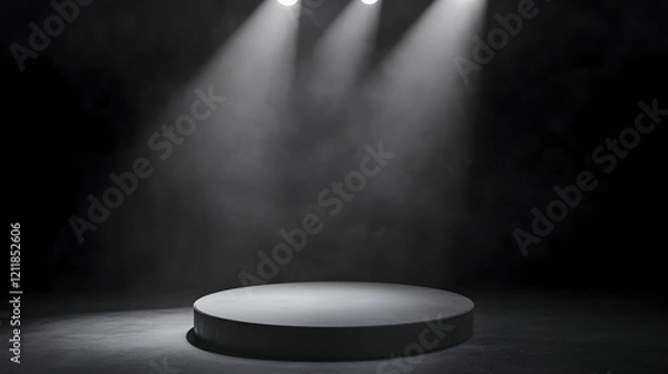 Obraz Dark stage with spotlight, empty pedestal, smoky background; perfect for product display or award ceremony