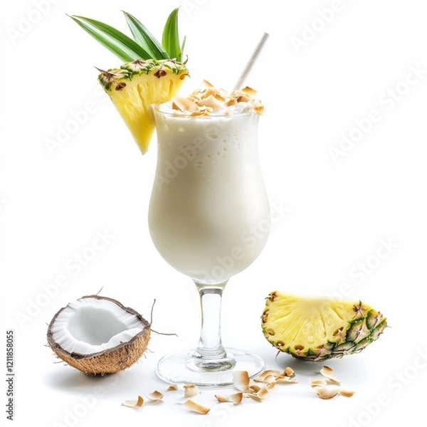 Fototapeta A tropical Pi甯絘 Colada with coconut flakes and pineapple wedge, positioned against an isolated white background, impressionism art style