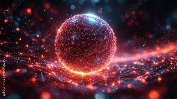 Fototapeta Illuminated digital sphere amidst swirling glowing particles and intricate network connections in a cosmic setting