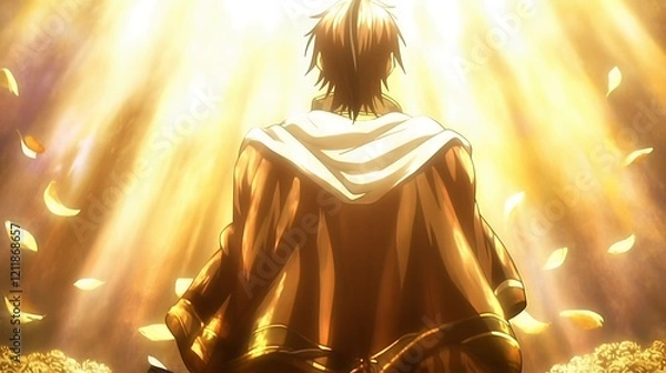 Obraz Man in robe, back view, backlit by golden light, petals falling.