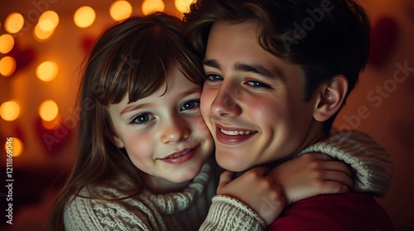 Fototapeta Warm portrait, young couple embracing, soft lighting, bokeh background, orange glow, intimate moment, close-up, tender expression, cozy atmosphere, holiday lights, romantic mood, gentle smile, affecti