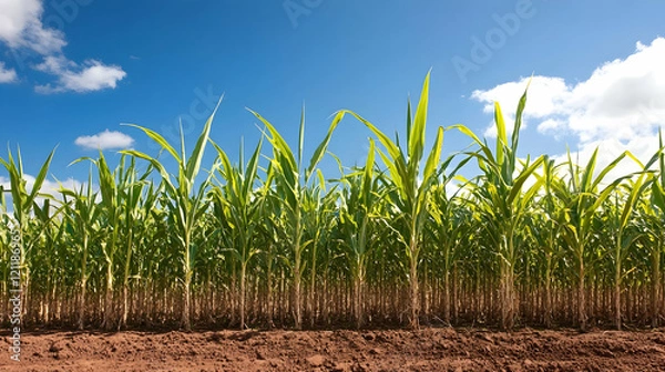 Fototapeta Lush green corn field under a bright blue sky with fluffy clouds; perfect for agricultural or environmental publications