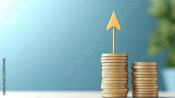 Fototapeta A stack of coins with an upward arrow symbolizes financial growth and investment success against a soft blue background.