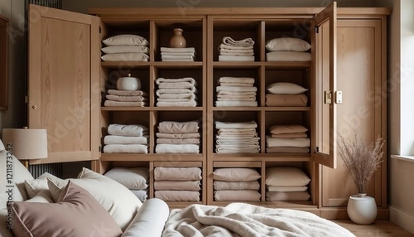 Fototapeta Bedroom interior with an open closet where bedding and towels are neatly stacked. Elegant bedroom design with minimalist closet and linens. Order. Calm. Serenity in a peaceful retreat.