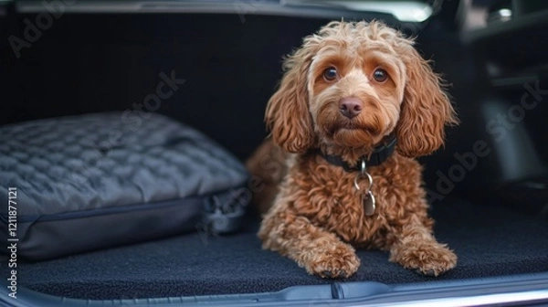 Fototapeta Fluffy cavapoo enjoys a cozy moment in a car trunk, nestled among comfy blankets, with bright sunlight filtering in, creating a warm atmosphere for a perfect outing