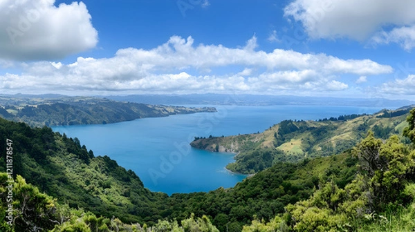Fototapeta Panoramic view of a serene lake nestled in lush green hills under a bright blue sky, ideal for travel brochures