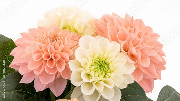 Fototapeta Peach and cream dahlias bouquet, close-up studio shot, white background, wedding or floral arrangement
