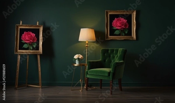 Fototapeta Romantic dark green Living Room with Roses and green sofa and a frame. Interior of festive living room with dark green sofa, and minimalist decorations for Valentine's Day celebration