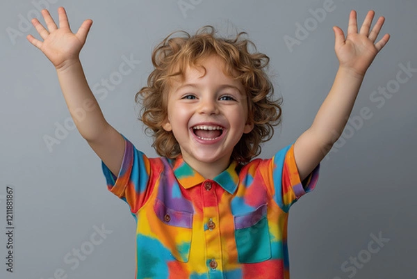 Fototapeta Happy kid with arms up smiling in joyful photo on grey studio background