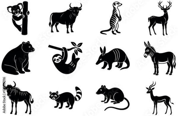 Obraz A high-quality collection of 12 animal silhouette vector illustrations