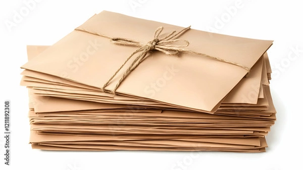 Fototapeta Stack of tied kraft paper envelopes on white background;  mailing correspondence; archive storage