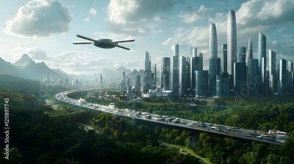 Fototapeta A bustling futuristic metropolis with quantum computing technologies managing the transportation economy and sustainability of the city  The high tech skyline showcases the advanced innovative