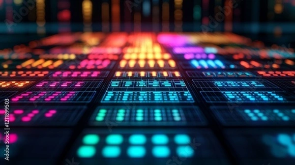 Obraz A vibrant, abstract digital landscape featuring glowing, colorful squares arranged in a grid, creating a mesmerizing visual effect.